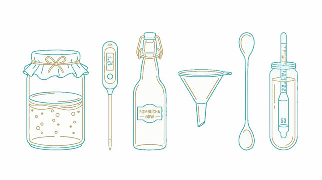 Kombucha brewing equipment set including glass jar thermometer bottle funnel spoon and hydrometer in a simple line art vector illustration style