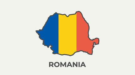 Obraz premium Map outline of Romania filled with the national flag colors and the country name labeled below