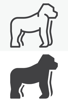 Chimpanzee icon set with line outline and solid versions. Editable stroke vector icon, primate sign and symbol in different style. Chimpanzee icon for wildlife themes.