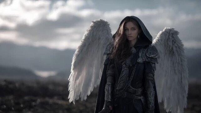 Fantasy wallpaper. A dramatic portrayal of an angel, set against a cloudy sky. The angel, with long, wavy brown hair, wears ornate, dark clothing with intricate patterns and designs.