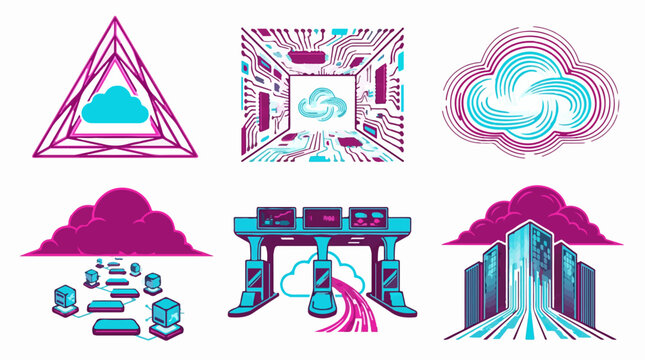 Set of cloud computing and digital technology vector icons featuring circuit board patterns and data infrastructure symbols in purple and cyan