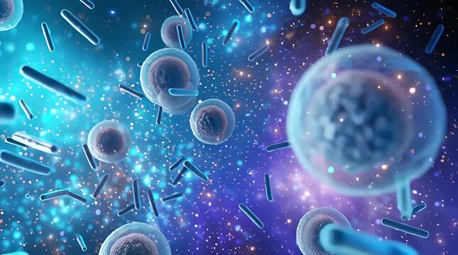 Microscopic view of bacteria and cells in a vibrant, colorful nebula with glowing particles.