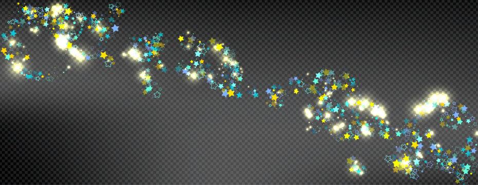 Cyan, Gold, Blue Stars Confetti. Shimmering Shiny particles. Scattered little sparkling, glitter light points. Stellar falling on black background. New Year Christmas background. Vector illustration.