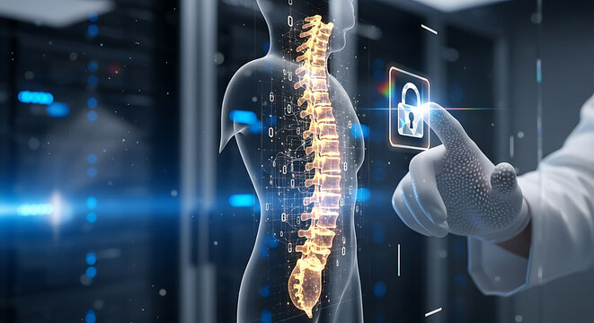 HIPAA Compliance and Medical Data Security Concept with Futuristic Interface Showing a Glowing Human Spine and Secure Encryption Lock Symbol