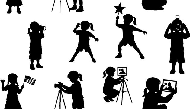 Children using cameras and technology silhouette pattern