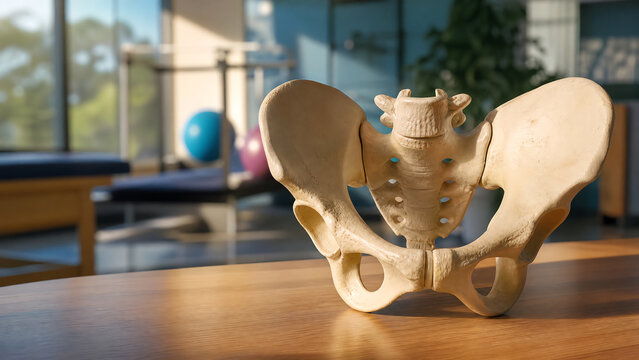 Close-up of a pelvic bone model on a wooden table in a bright, modern space, emphasizing anatomy and education.