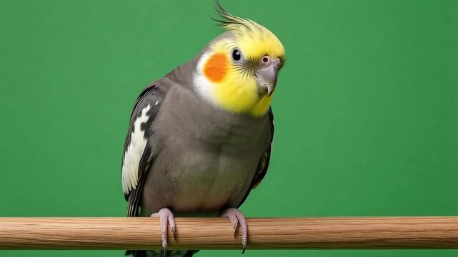 Close-up portrait of gray and yellow cockatiel perched on wooden branch against green background