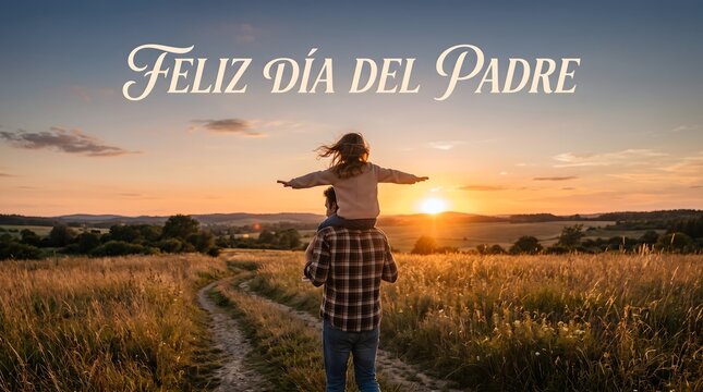 Happy Father's Day in Spanish. Feliz dia del Padre father carrying daughter on shoulders in grassy field at sunset

