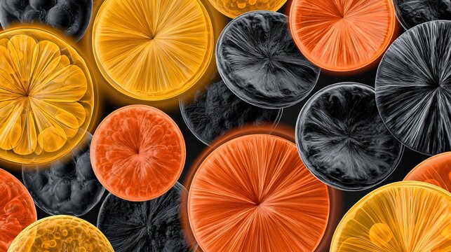 Abstract overlapping circular slices in warm orange yellow and black showing stylized x-ray effect of citrus fruit creating warm modern abstract decorative background