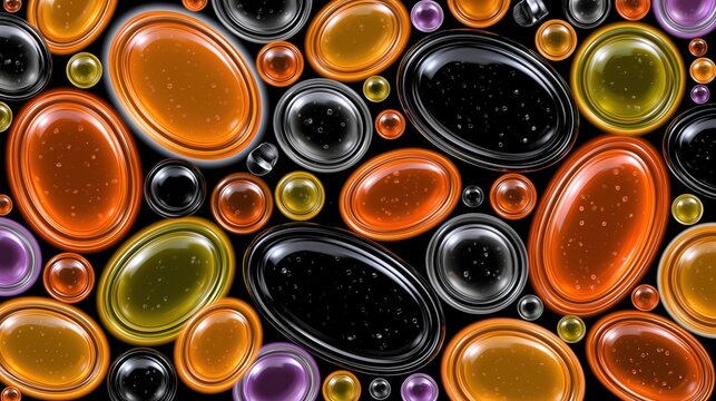 Overlapping translucent glossy oval and round bubbles in warm orange yellow purple and black against dark background creating vibrant modern abstract decorative pattern