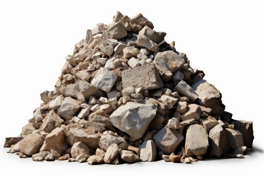 Pile of rough, broken grey and tan rocks on a white background