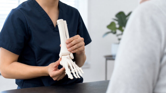 Medical professional explaining foot anatomy using a model to enhance patient understanding and engagement.