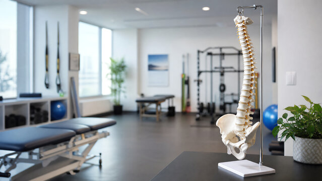 Modern physiotherapy office featuring a spine model, exercise equipment, and a serene environment promoting wellness and recovery.