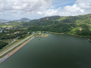 Fototapeta premium Beautiful sky over lake or pond Aerial view landscape