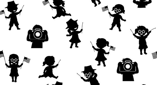 Happy children celebrating patriotic holiday silhouette pattern