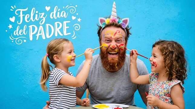 Feliz dia del PADRE.Happy Father's Day in Spanish. Feliz dia del PADRE funny father with face paint and unicorn headband playing with daughters
