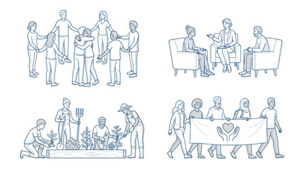 Obraz premium Outline vector for International Day in support of Victims of torture showing group therapy, gardening, and a peaceful march for human rights.