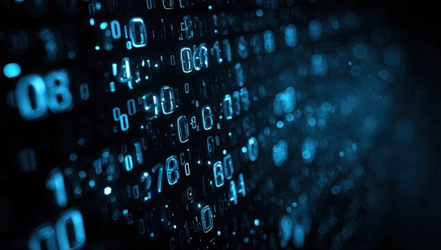 Glowing digital code streams across a dark background, abstract data visualization