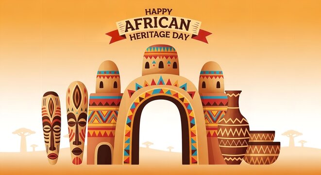 Happy African Heritage Day Celebration with Traditional Arch and Cultural Patterns Background