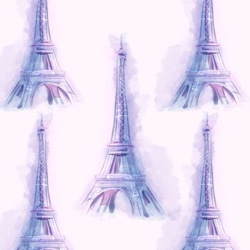 Pink Seamless watercolor pattern inspired by Paris with Eiffel Tower and decorative ornamental accents. Elegant French background design