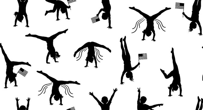 Active children doing gymnastics and holding flags seamless pattern