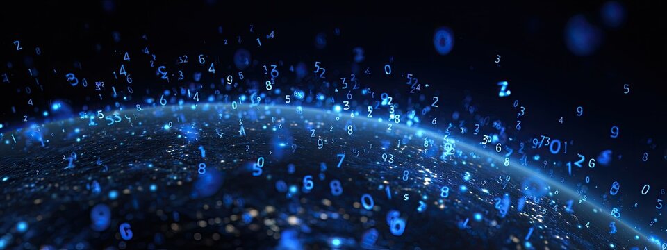 Abstract digital streams of blue numbers flow over a glowing planetary surface