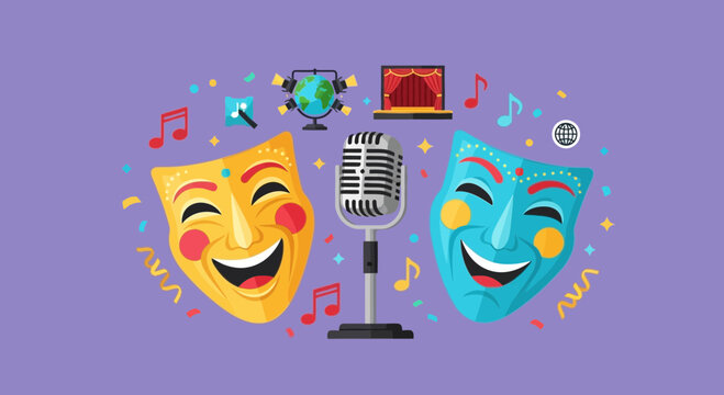 Theatrical Concept Illustration with Comedy Masks and Vintage Microphone