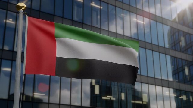 United arab emirates flag flying against modern city skyline buildings. National symbol waving with futuristic architecture background. Celebration and national pride concept.