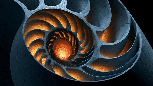 Nautilus Shell Spiral Golden Orange Blue Fractal