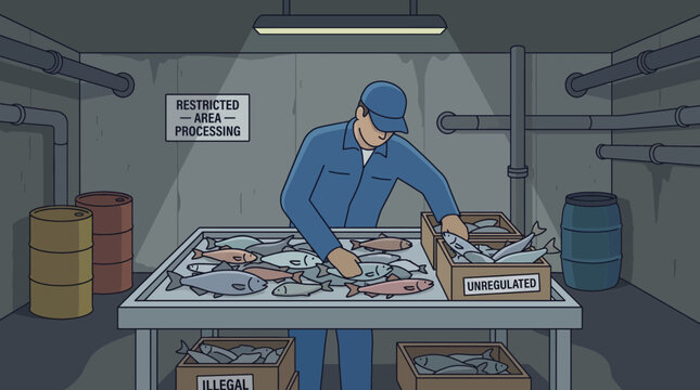 Worker Sorting Illegally Caught Fish at Underground Processing Facility