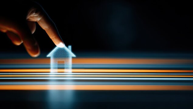 A finger touches a glowing, translucent house icon on a digital interface