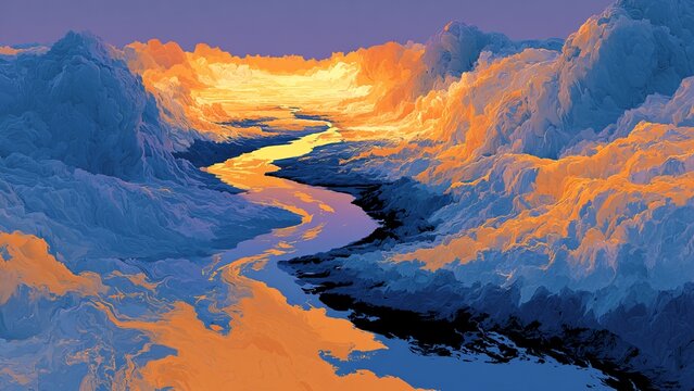 Painterly Digital Landscape Glowing River Purple Gold