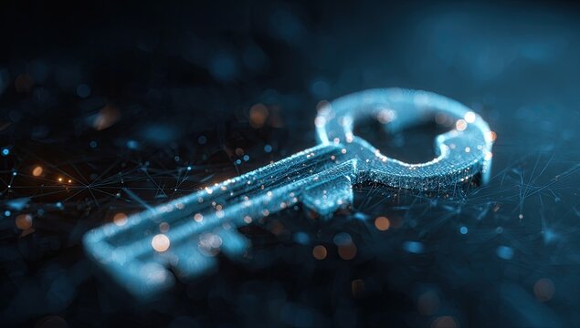 Glowing digital key emerges from abstract network of light points and lines