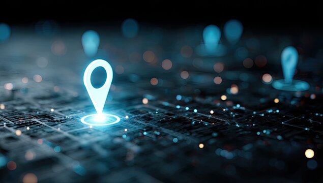 Glowing digital map pins illuminate a network of glowing points on dark terrain