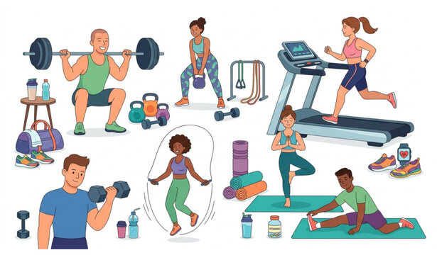 Cartoon Fitness Workout Vector Set with Gym Exercises Equipment and Vitamin Supplements
