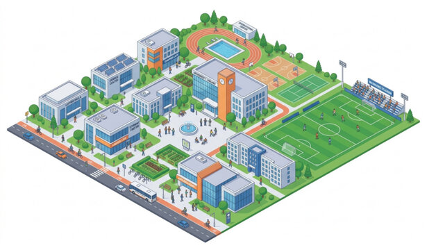 Creative Isometric College Campus Scene with Modern Buildings and Soccer Stadium Vector
