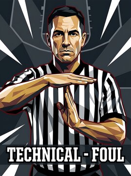Graphic illustration of a male sports referee signaling a technical foul or timeout during a game, with a dynamic background.