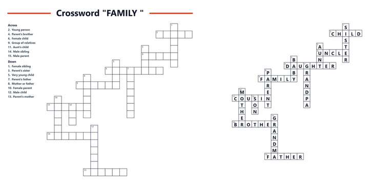 Crossword puzzle with family-themed words and clues layout  