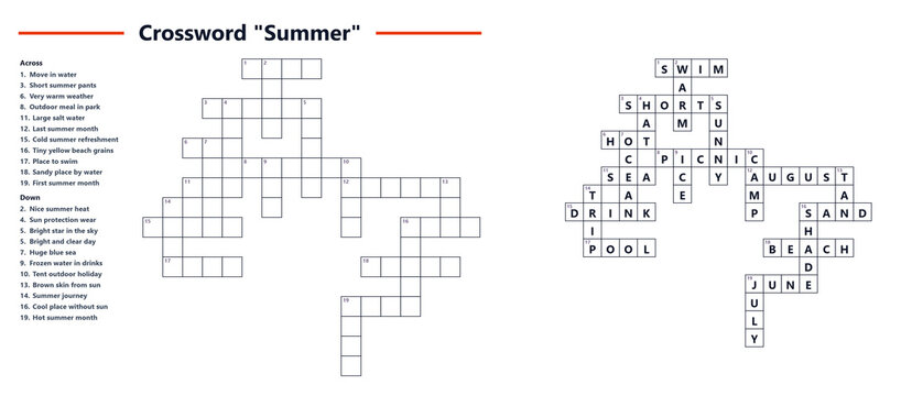 Summer crossword puzzle template with clues for wordplay  