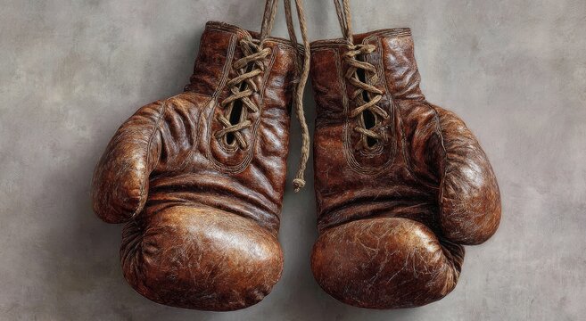 Worn leather boxing gloves hang from laces against a textured, neutral background
