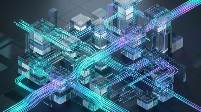 Bright interconnected components representing fast data transfer within cloud and edge environments