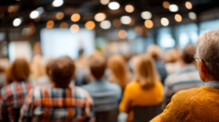 Fototapeta premium An audience attending a presentation with blurred figures and bright lights creating a warm atmosphere