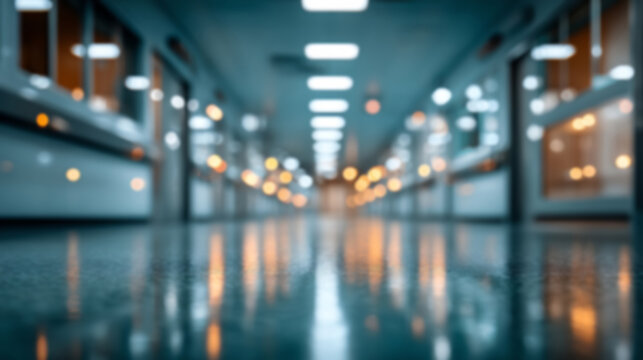 A modern, clean hallway with bright lights and reflective floor, creating a sense of depth and modernity