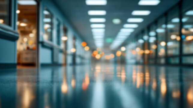 A blurred interior of a modern hallway with reflective flooring and soft, ambient lighting. The perspective draws the viewer down the corridor, suggesting a sense of depth and spaciousness