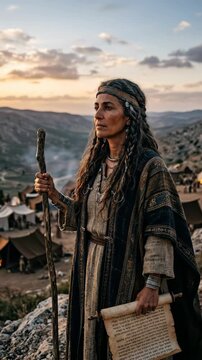 Biblical wisdom guide: Deborah spiritual counsel, Israel ancient judge, prophetess desert land, Book of Judges figure, divine revelation ponder, sacred scroll hold.