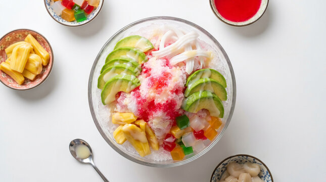 Top view flat lay composition of authentic Indonesian es oyen dessert with colorful tropical fruits and sweet syrup.