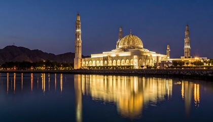 Fototapeta premium A large mosque with golden domes and minarets by a body of water