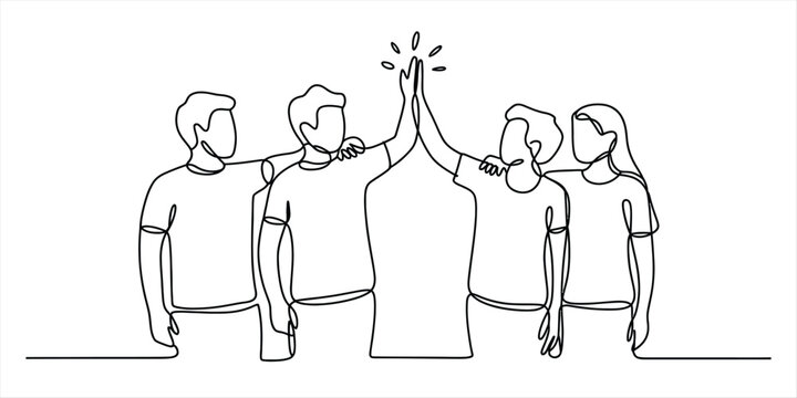 Group of friends celebrating with a high five, continuous line drawing Vector, illustration