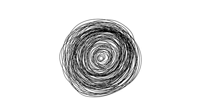 Abstract concept of messy mind, chaos and psychological stress. Round scribble lines tangle and black concentric circle vortex isolated on transparent background