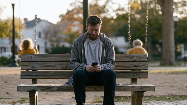 Single father seated on a park bench reviewing a dating app on his phone while his two children play within eyeline on autumn swings, the fragmented attention between romantic hope and parental pres